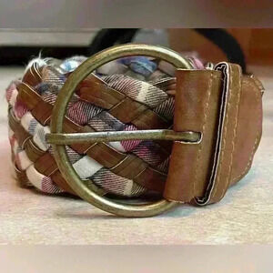 Cottagecore woven brown vegan leather plaid braided festival boho belt; 45” long